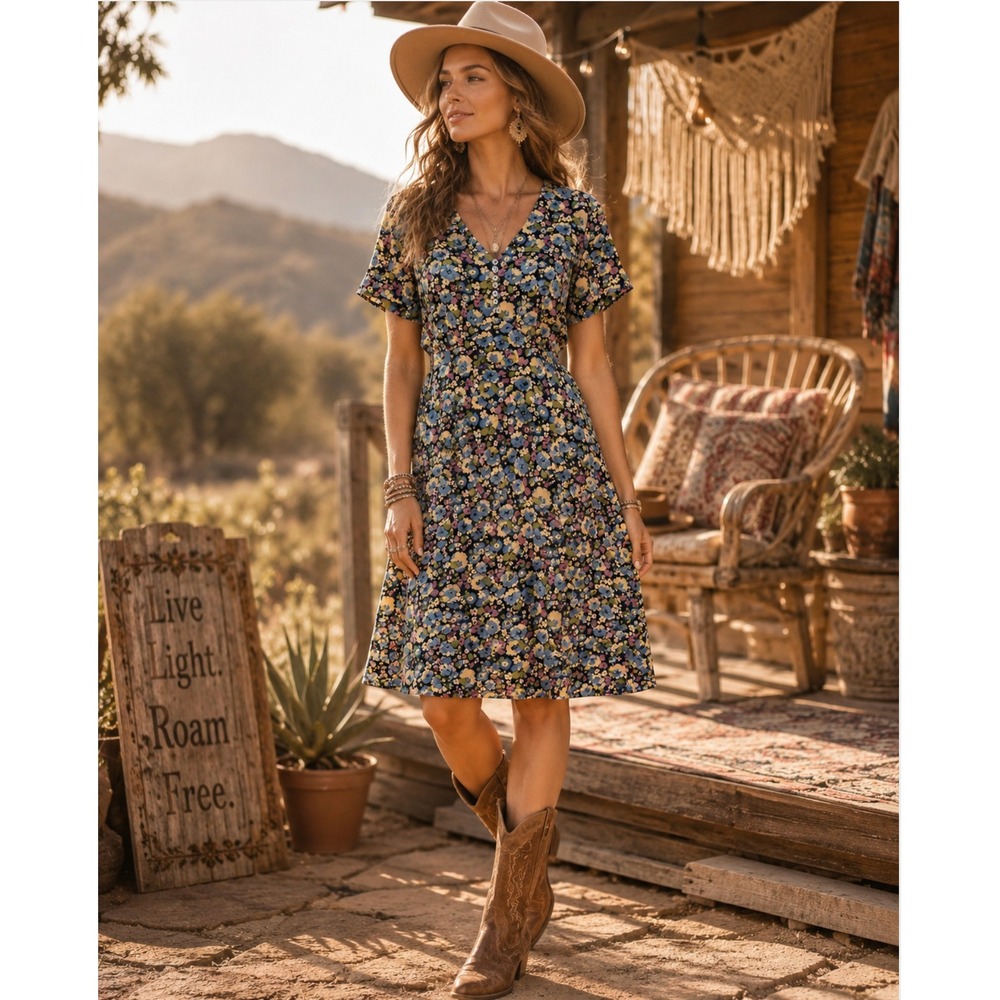 Sundance 100% Silk Floral Midi Dress Sz 6 V-Neck Cottagecore Romantic Boho Chic